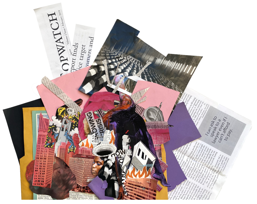 A chaotic asymmetrical collage showing scenes of urban struggle and rebirth, with references to police brutality against Black people and other histories of state violence. By Jonathan Valelly