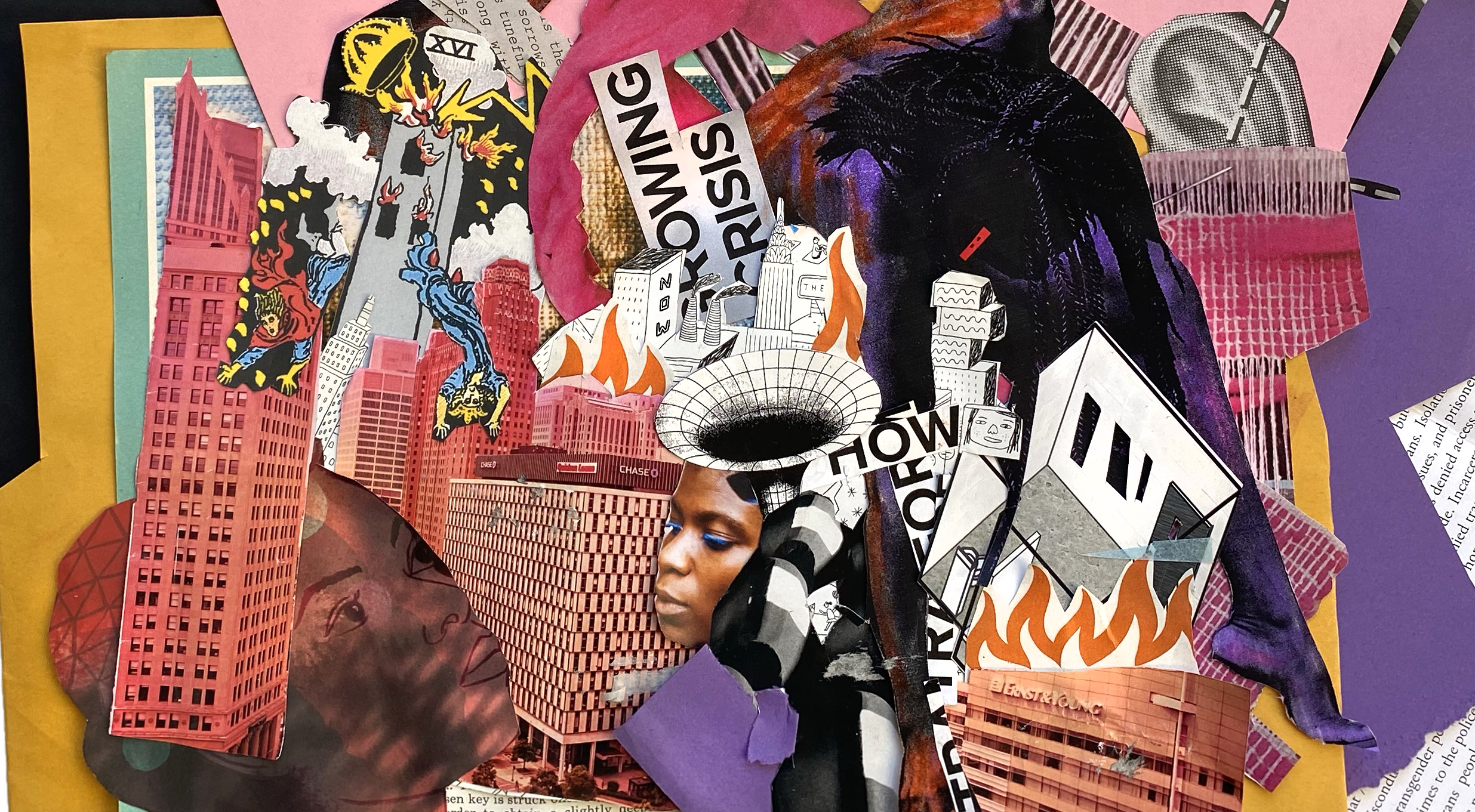 A chaotic asymmetrical Black Lives Matter zine collage showing scenes of urban struggle and rebirth, with references to police brutality against Black people and other histories of state violence. By Jonathan Valelly.
