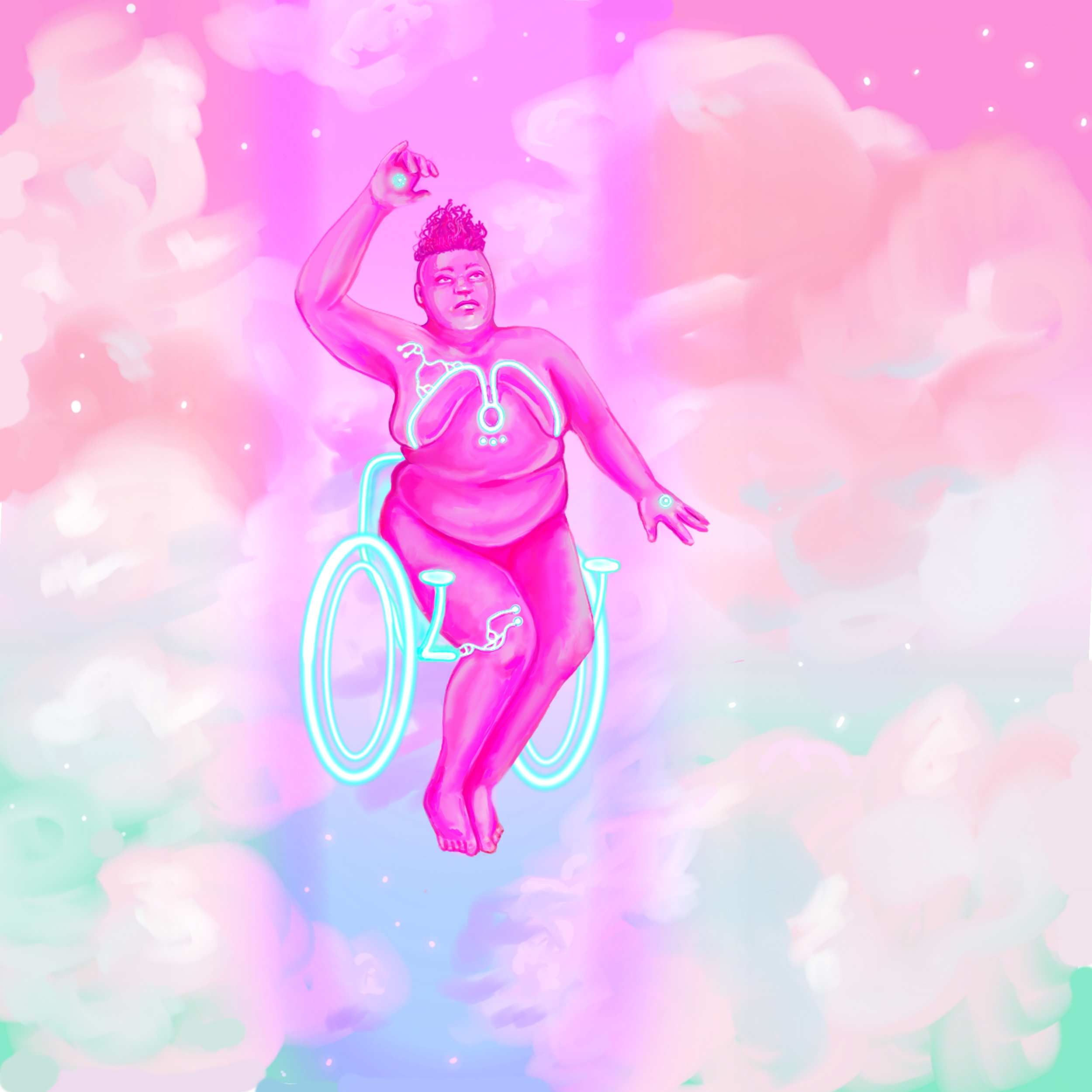 A bright pink figure floats against a backround of pink, white and bright green clouds and stars. They are sitting on a futuristic looking mobility device with two weeks and handles — it appears to be made of a blue light. The same blue light appears as a design on their chest and in as dots in the ceentrer of their hands. Their right hand is raised, and their face looks solemnly upwards, and appear suspended in a column of particularly dense pink light or air. 
