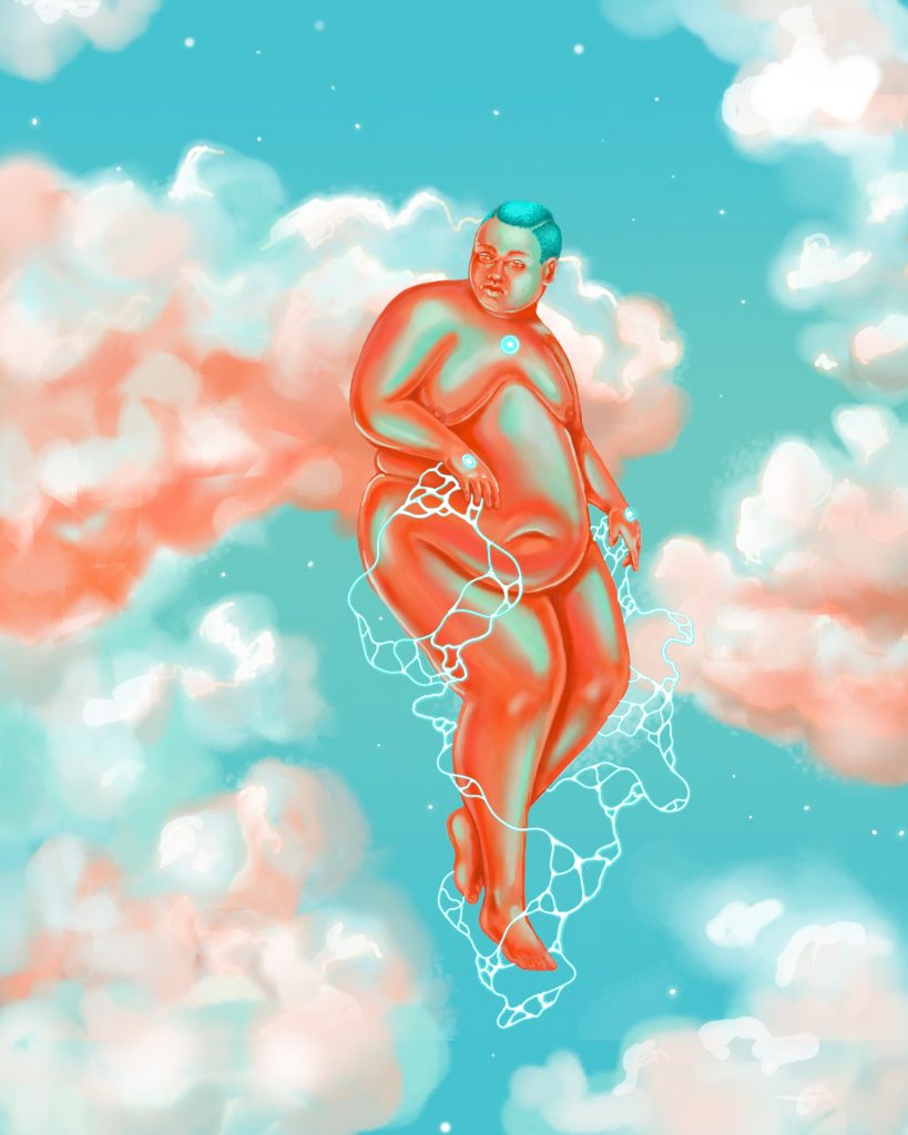 A nude and shining figure floats amongs pink clouds and a starry, teal sky. The figure is coloureed in bright red and blue-green, and looks to the left over their shoulder. Their hands appear to emanate a glowing lattice of energy. the two ends connect and wrap around the figure's feet. 